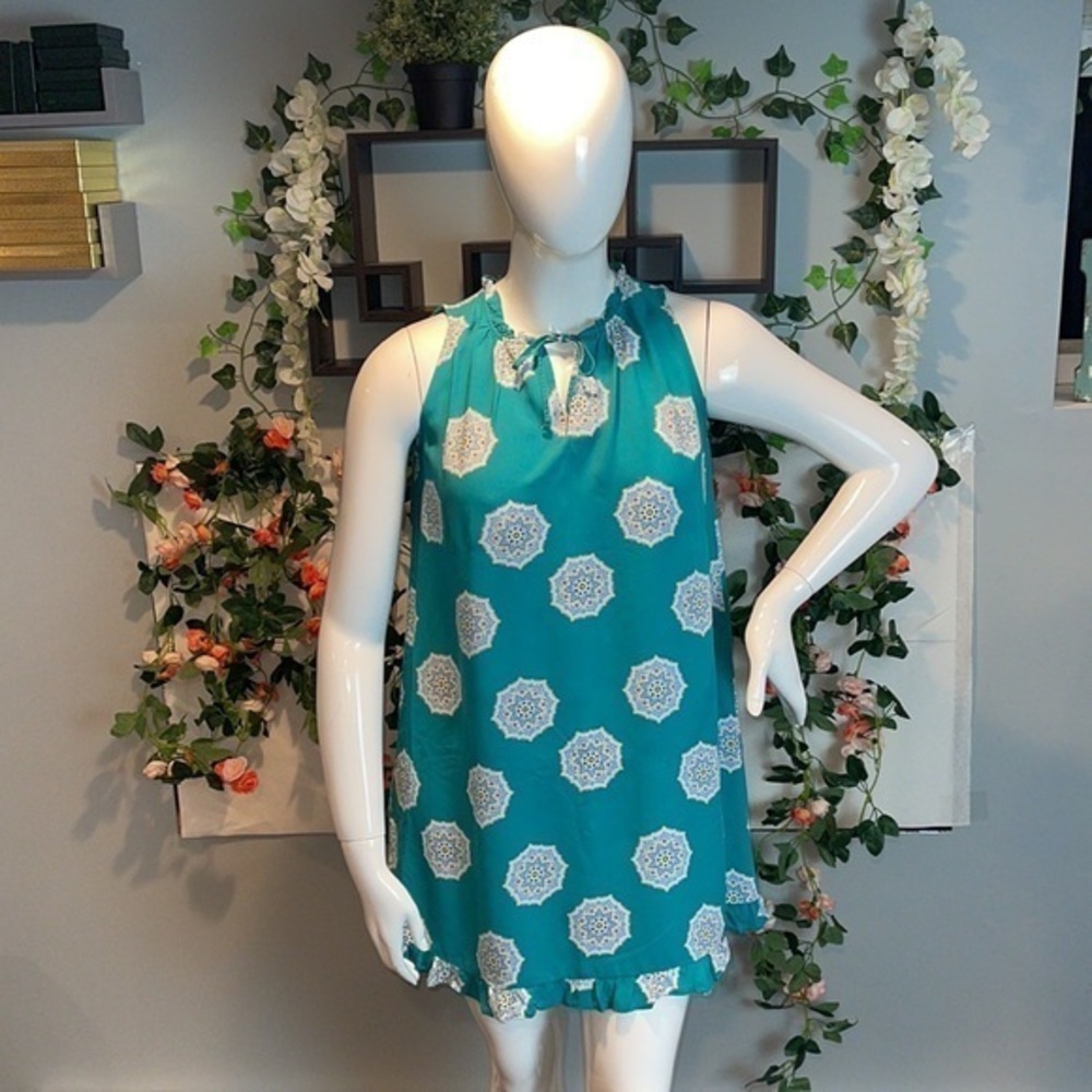 Loft Shift Dress Turquoise Blue Tie Neck Swing Dress Size M RefI002‎
